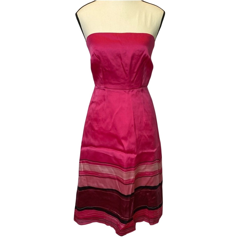 Kay Unger Women's Strapless A-line Silk Midi Cocktail Dress Size 2 Pink‎ Striped